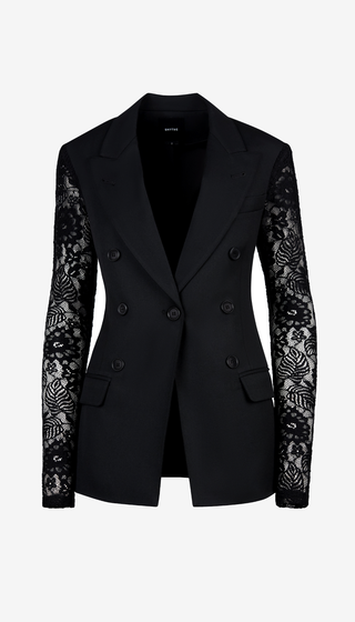 Black blazer with floral sleeves on a white background