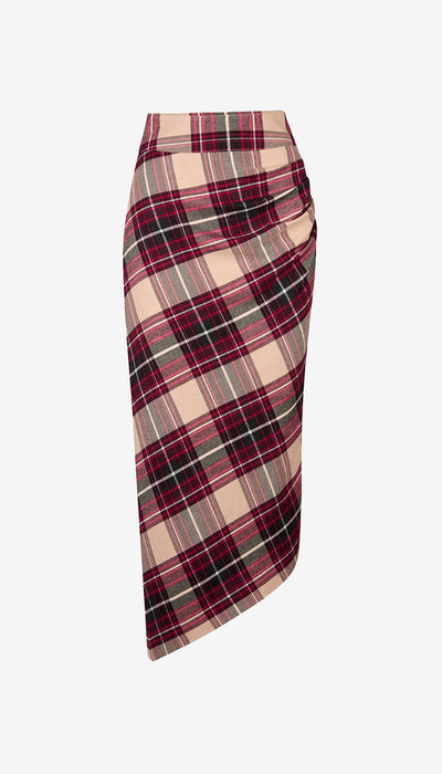 Plaid skirt with a fitted waist and draped design on a white background