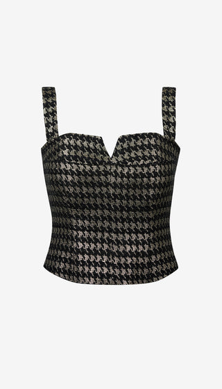 Black and gray houndstooth patterned top with thin straps on a white background