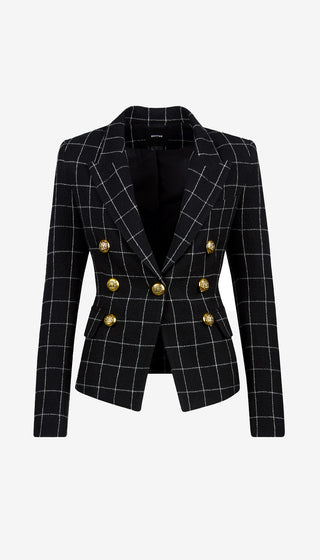 Black checkered blazer with gold buttons on a white background