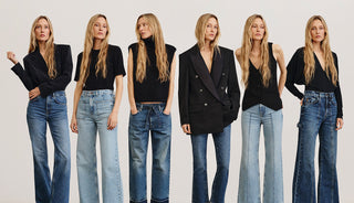 Six women wearing matching outfits with black blazers and jeans on a plain background