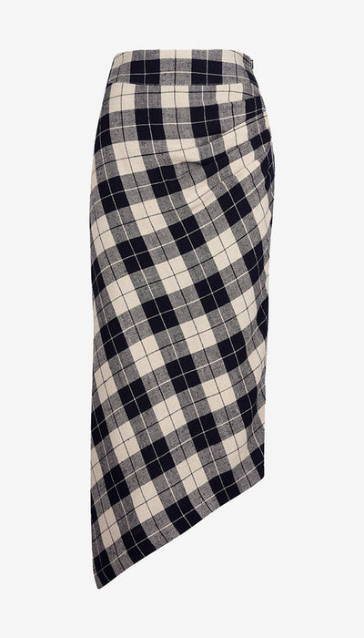 Plaid skirt with a black and white pattern on a white background