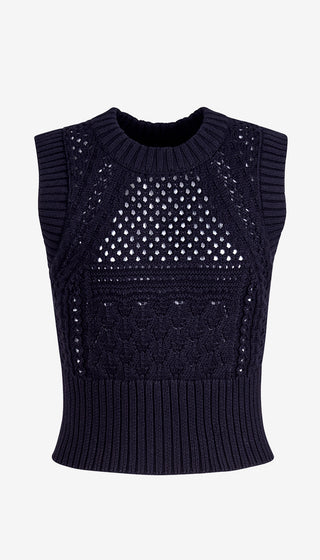 Black sleeveless knitted top with geometric pattern on a white background