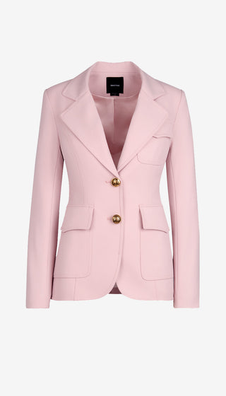 Pink blazer with gold buttons on a white background
