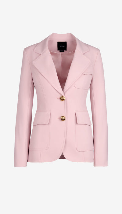 Pink blazer with gold buttons on a white background