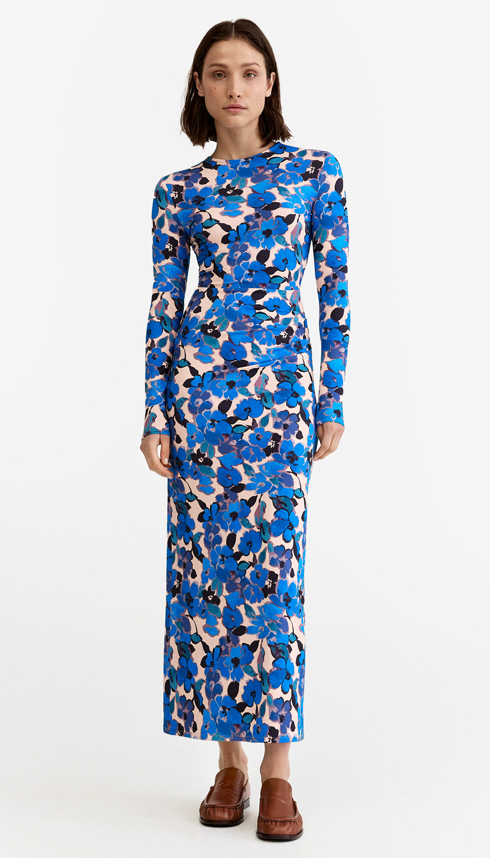 Ruched Crewneck Midi Dress in Blush/Blue