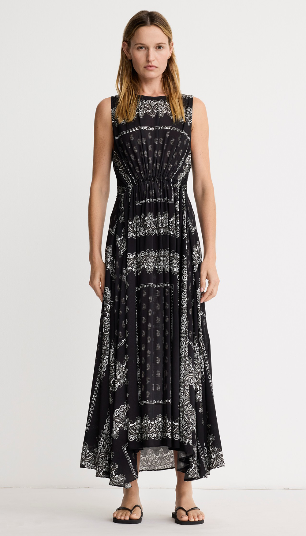 Drawstring Maxi Dress in Black Bandana