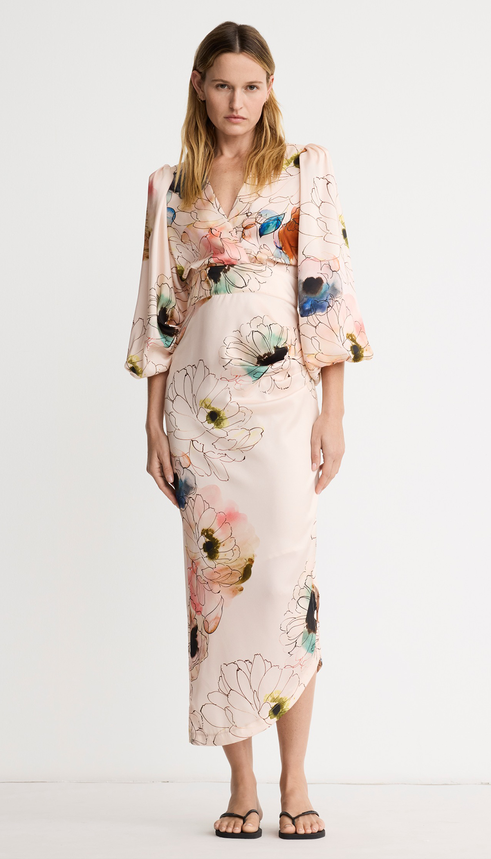 Asymmetrical Midi Dress in Blush Floral