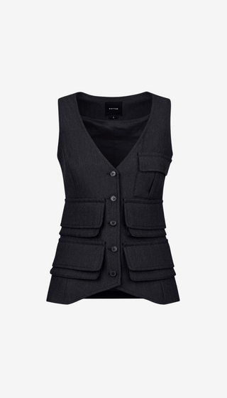 Black vest with multiple pockets on a white background