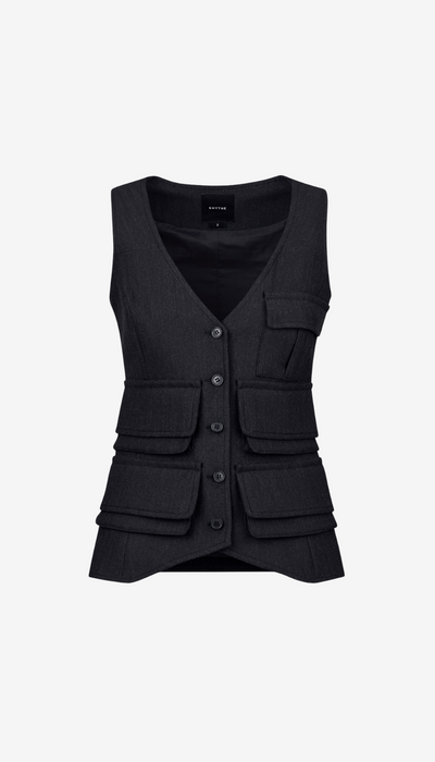 Black vest with multiple pockets on a white background