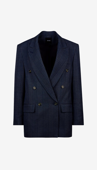 Navy checkered blazer on a white background
