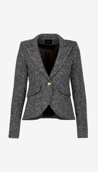 Gray blazer with a single button on a white background