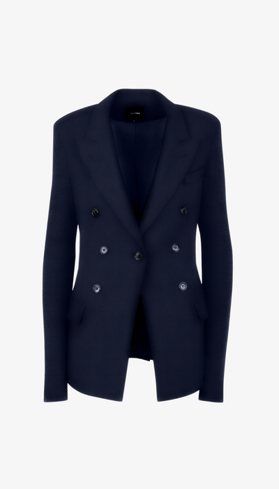Navy blue double-breasted blazer on a white background