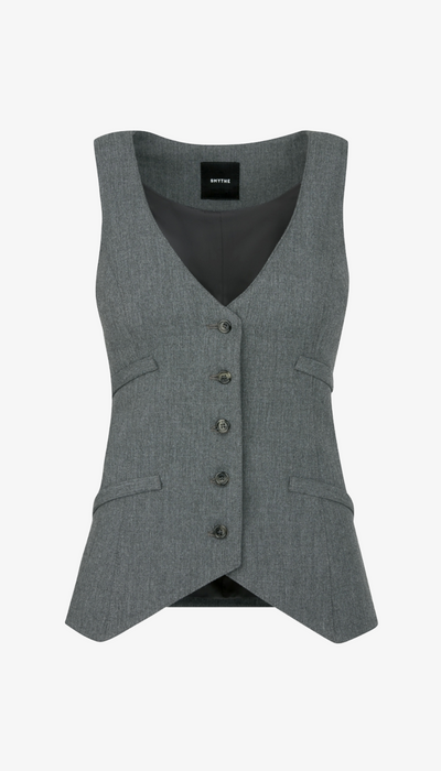 Gray vest with button details on a white background