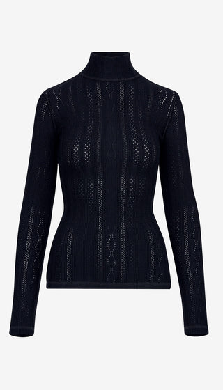 Black knit turtleneck sweater on a white background
