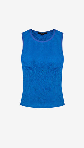 Blue sleeveless top on a light gray background