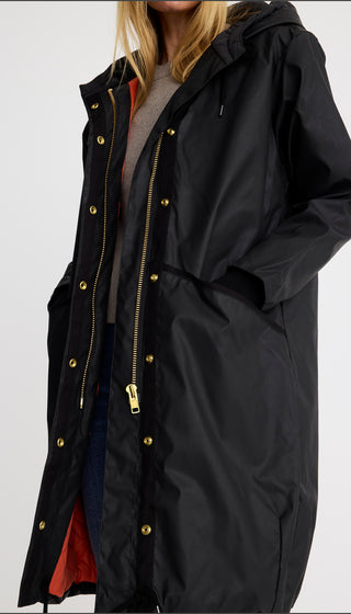 Black raincoat with gold buttons on a white background
