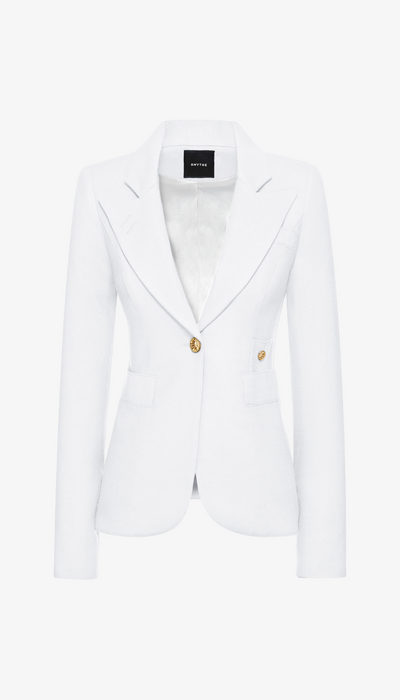 White blazer with gold buttons on a white background