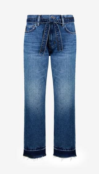 Blue jeans with a belt on a white background