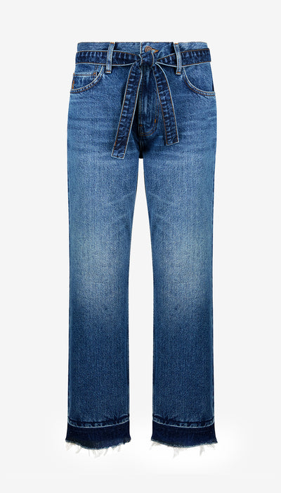Blue jeans with a belt on a white background