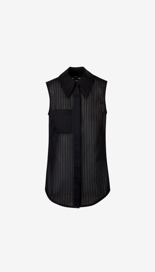 Black sleeveless shirt with a collar on a white background