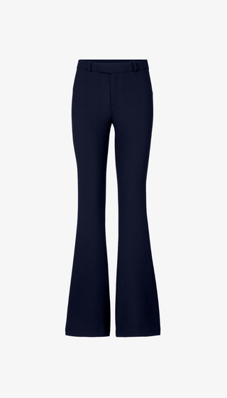 Navy blue flared pants on a white background