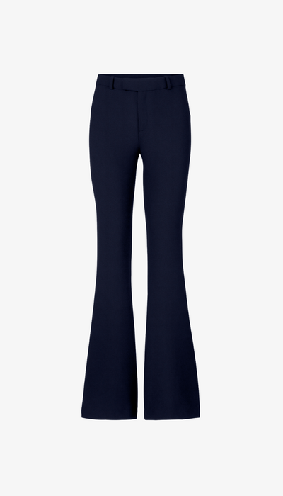 Navy blue flared pants on a white background