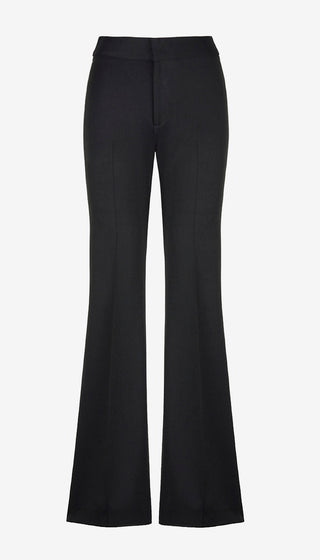 Black wide-leg trousers with a high waist and front fly, shown on a plain light gray background.