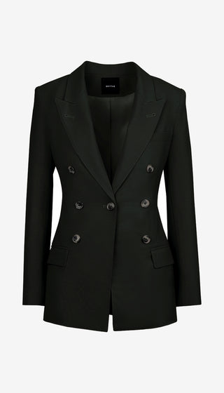 A black double-breasted blazer with peak lapels and dark buttons, shown on a plain light gray background.