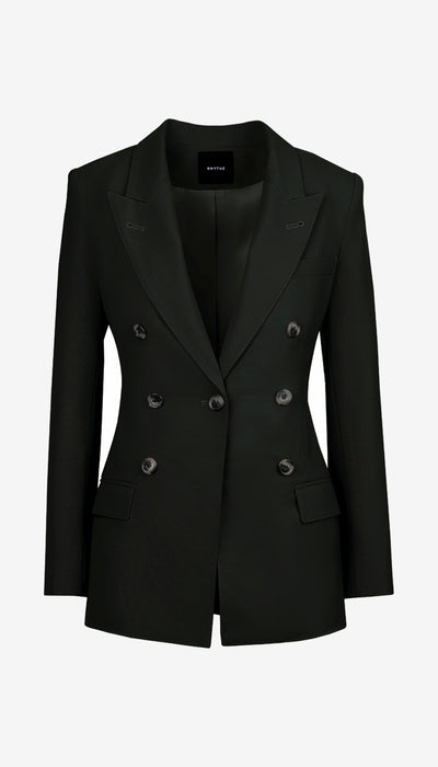 A black double-breasted blazer with peak lapels and dark buttons, shown on a plain light gray background.