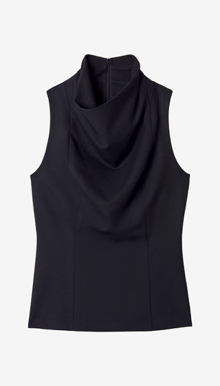 A sleeveless black cowl neck top displayed on a clean, light gray background.