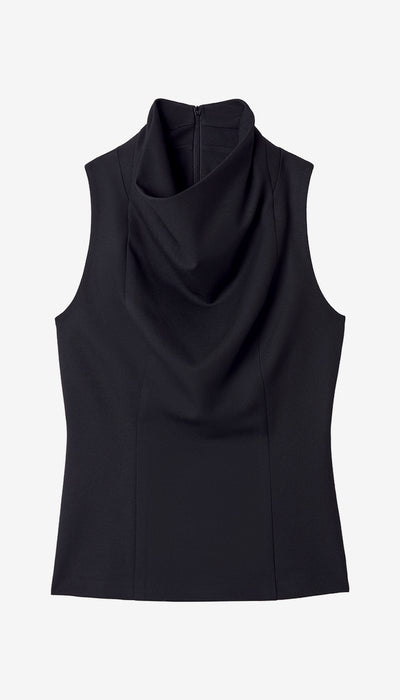 A sleeveless black cowl neck top displayed on a clean, light gray background.
