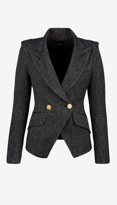 Gray blazer with gold buttons on a white background