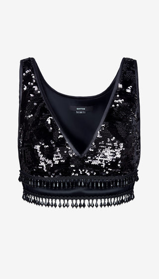 Black sequin crop top with fringe on a white background
