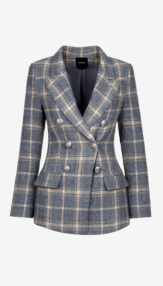 Blue and beige plaid blazer on a white background