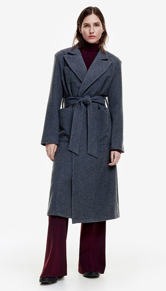 Belted Wrap Coat in Slate Herringbone | SMYTHE