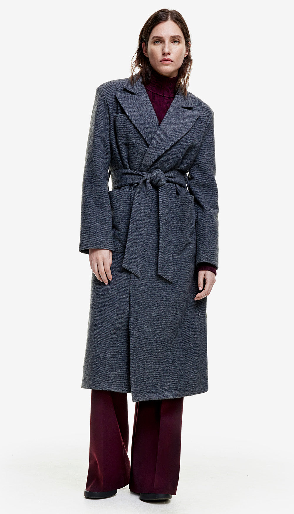 Belted Wrap Coat in Slate Herringbone SMYTHE