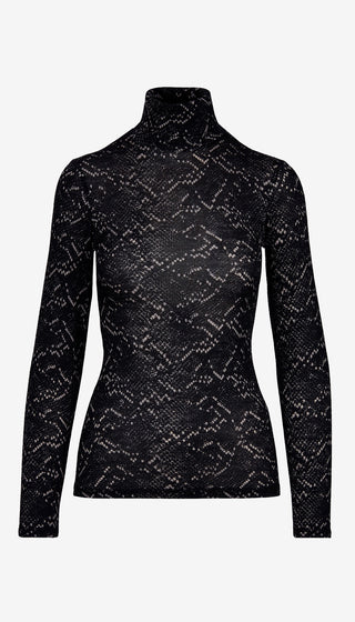 Black patterned turtleneck sweater on a white background