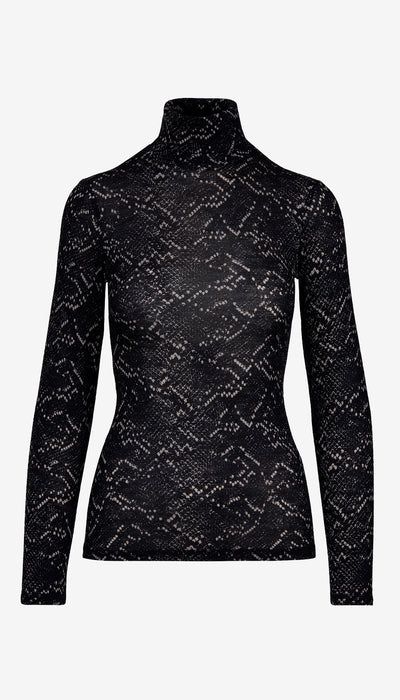 Black patterned turtleneck sweater on a white background