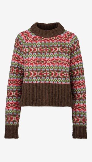 Patterned sweater with brown accents on a white background