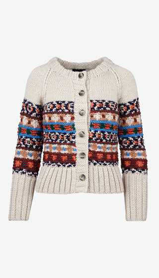 Knitted cardigan with patterned sleeves on a white background