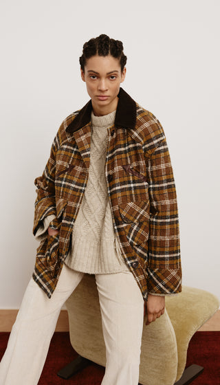 Person wearing a plaid coat with a fur collar sitting on a chair against a white wall.