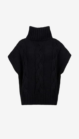 Black cable knit sweater on a white background