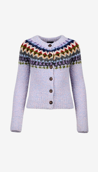 Knitted cardigan with colorful pattern on a white background
