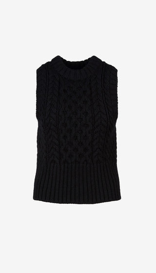 Black sleeveless knitted sweater on a white background