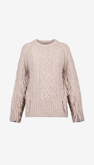 Beige cable knit sweater on a white background