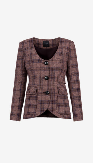 Plaid blazer with black buttons on a white background