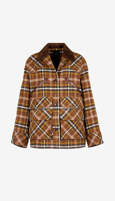 Plaid jacket with brown and beige pattern on a white background