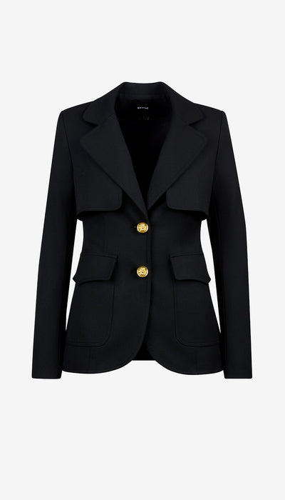 Black blazer with gold buttons on a white background
