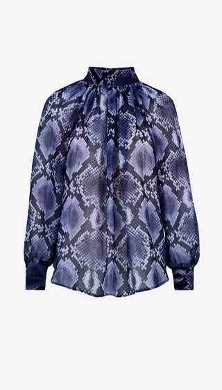 Blue snake print blouse on a white background